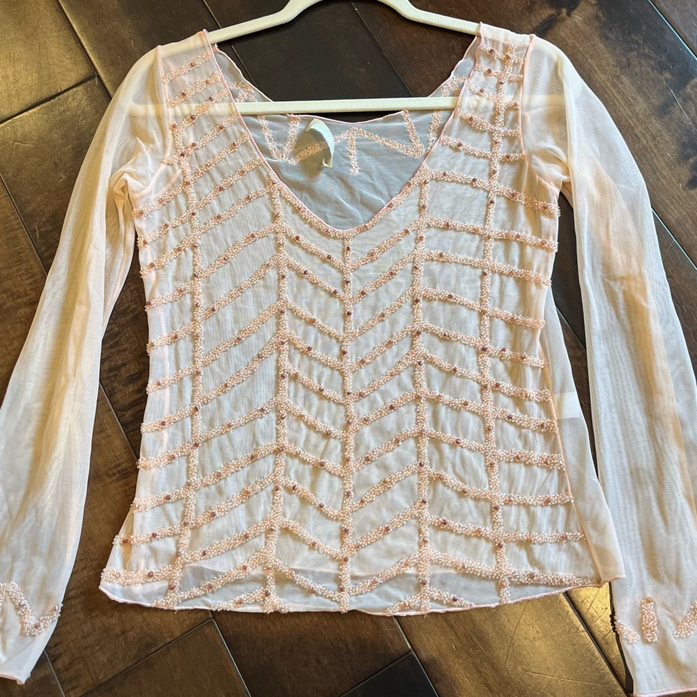 Vintage from Italy Pink Mesh Beaded Blouse; Size Medium